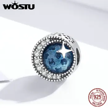 

WOSTU Sparking Moon Stars Charms 925 Sterling Silver Blue Zircon Round Bead Fit Original Bracelet Pendant Luxury Jewelry FNC229