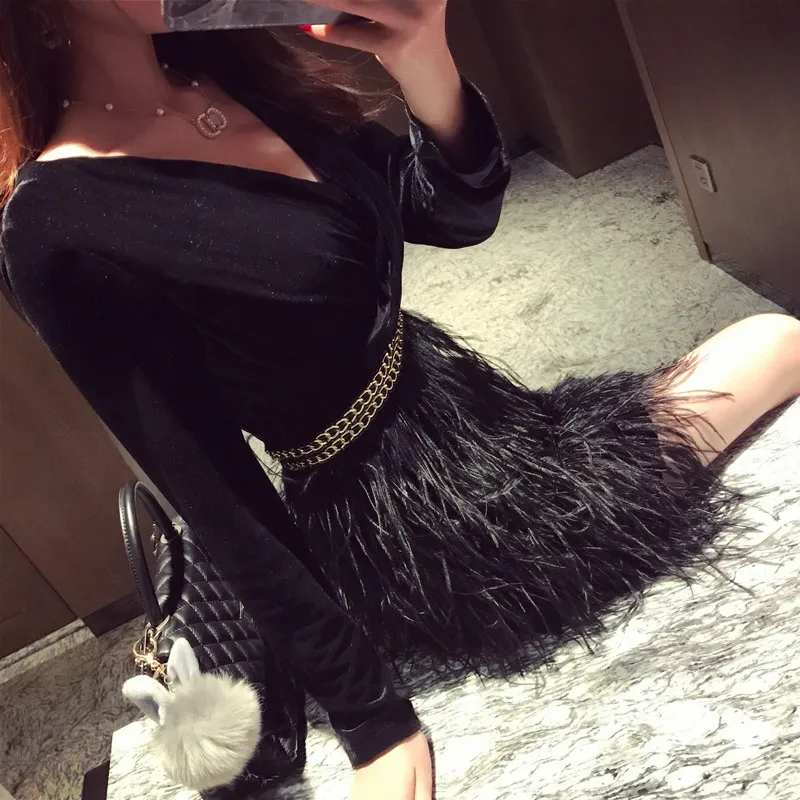 Женское Новинка Осень и Зимние черные сапоги с перьями, Для женщин Мини ...