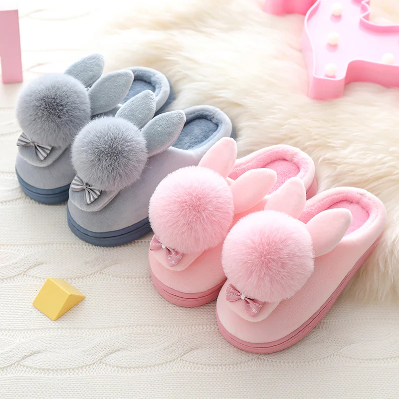 

Kids Winter Slippers Cartoon Rabbit Cotton Home Slippers Children's Plush Indoor Warm Shoes Bowtie Girls Princess Slippers