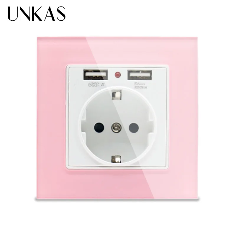 UNKAS, зеленая, розовая, цветная стеклянная панель с кристаллами, двойной usb порт для зарядки, 2.1A, 16A, Россия, Испания, настенная розетка, европейская розетка