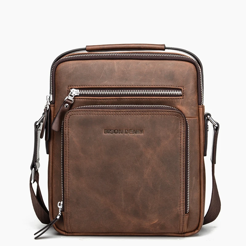 BISON DENIM мужские сумки из натуральной кожи, сумки для Ipad, мужская сумка-мессенджер, мужская сумка через плечо, мужские дорожные сумки N2333 - Цвет: Vintage Brown-Large