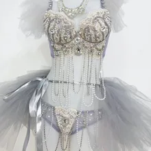 Мигающие стразы, жемчуг, вышивка бисером, бюстгальтер, юбка-пачка, наряд для бара, ночного клуба, певца, шоу, бикини, Женский комплект на день рождения