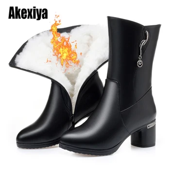 

Wool Women Warm Platform for Snow Boots Fur Warm Shoes Plush Mid-Cal Boots Thick Bottom Women Genuine Leather Winter Boots u522