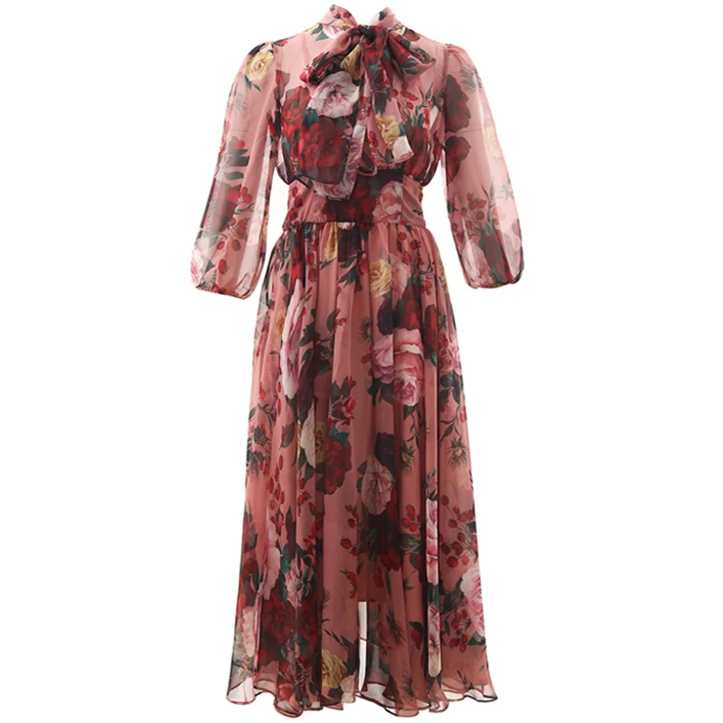 

Red RoosaRosee Fashion Designer Women Flower Print Dress Elegant Bow Collar Three Quarter Sleeve Chiffon Dresses Vestidos Robe