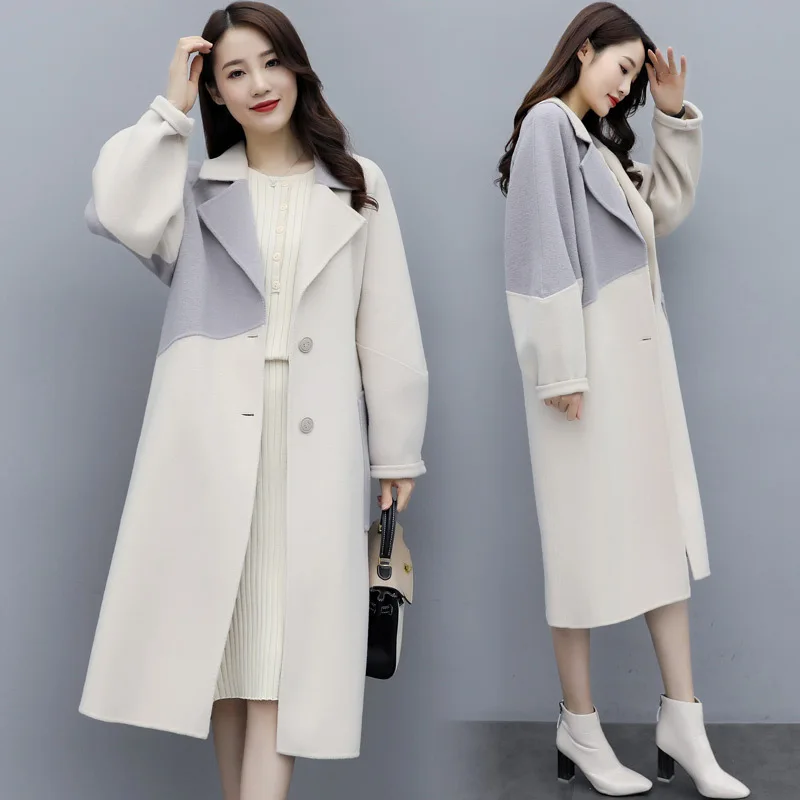 

2019 Autumn And Winter Mid-length Single Breasted Long Sleeve Raglan Sleeve Mixed Colors Joint Woolen Jacket WOMEN'S Coat