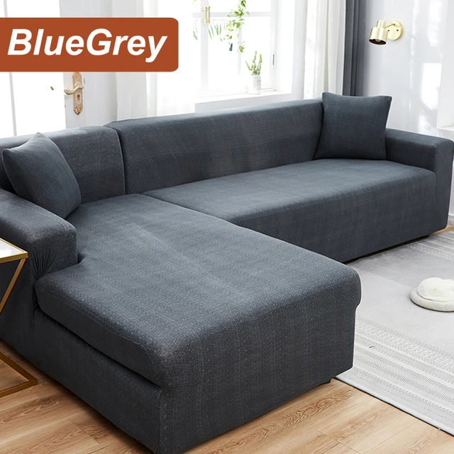 L-Shaped Sofa Cover Corner Sofa Slipcovers Elastic Chaise Cover 1/2/3/4 Seater Stretch Sectional Couch Armchair Cover Protector Blue Grey