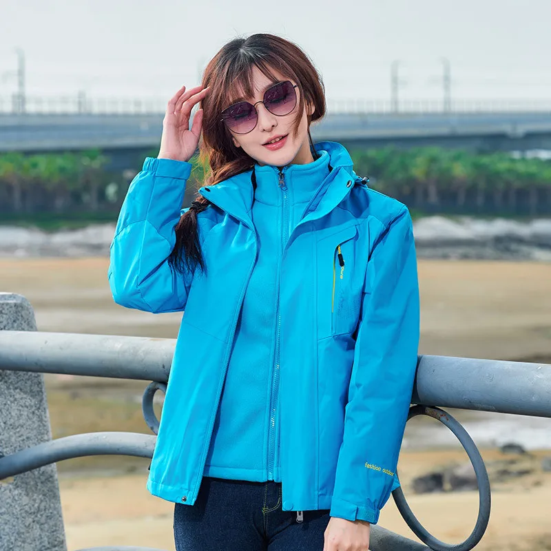 women light blue Северные зимние мужские куртки Женские ветрозащитные толстовки с капюшоном для лица съемные парки из 2 предметов плюс бархатные толстые спортивные парные пальто для улицы - Цвет: women light blue