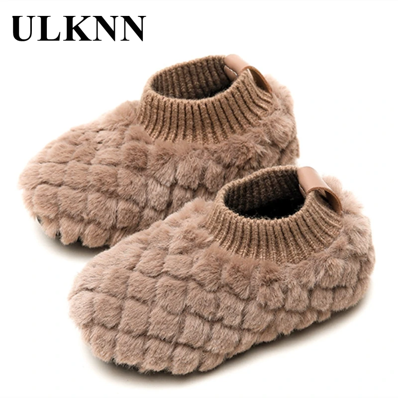 

ULKNN Girls Cotton-padded Shoes Plus Velvet Footwears Princess Ankle Kids Winter Warm Flats For Children Solid Color Fur Shoes