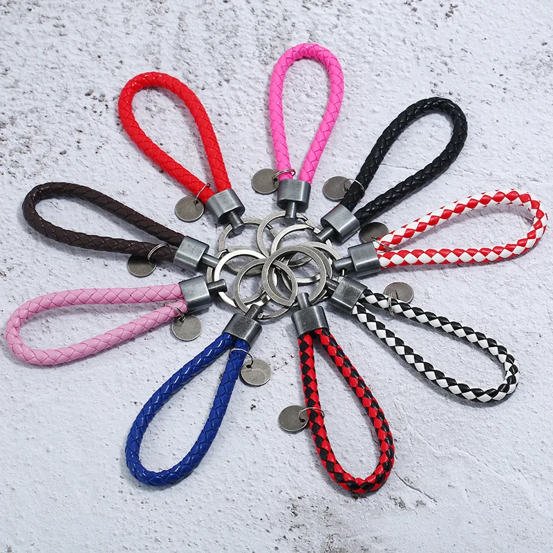 

Hand-woven PU Leather Rope Keychain Men And Women Couples Car Key Ring Antique Silver Brushed Key Pendants