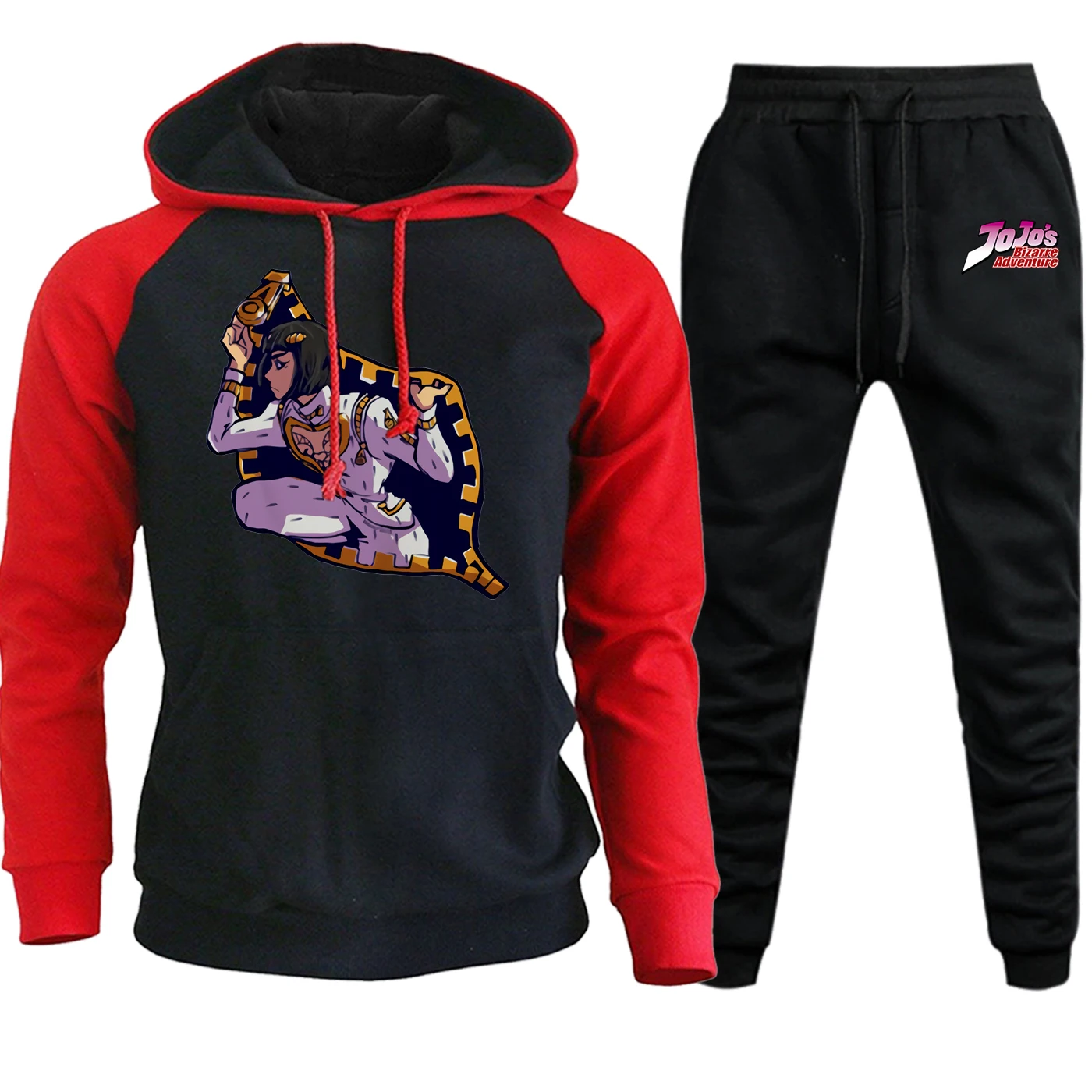 JoJo Необычные Приключения Новые Осень Зима толстовки мужские толстовки с рукавом реглан мужской костюм забавный флис с капюшоном+ брюки комплект из 2 предметов - Цвет: 6 red black-6
