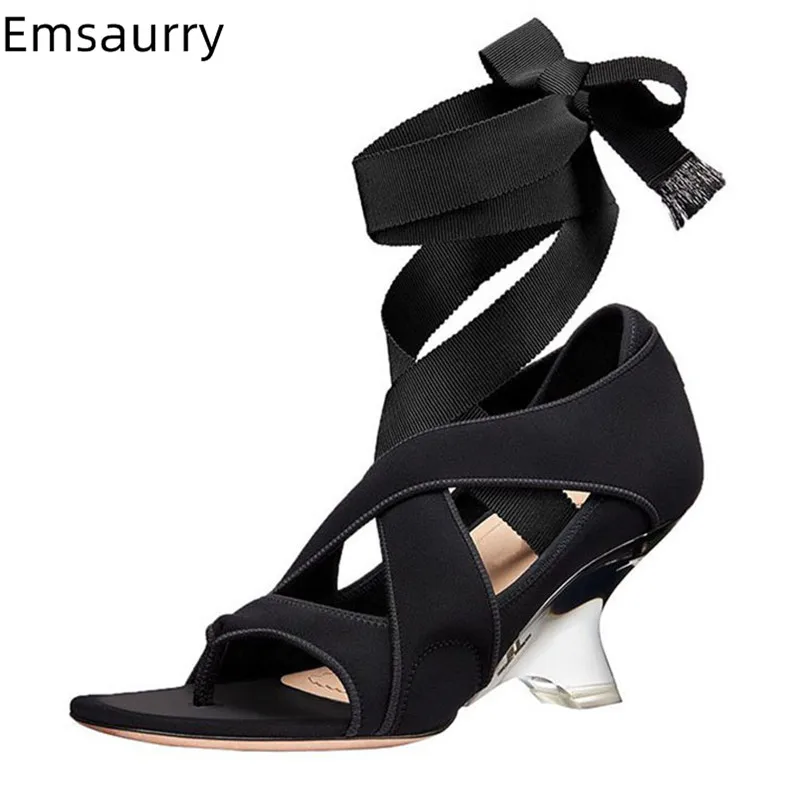 

Clear Strange Med Heel Sandals Woman Flips Flop Toe Cross Band Sexy Party Sandalias Ankle Wrap Comfy Big Size Woman Sandals 42