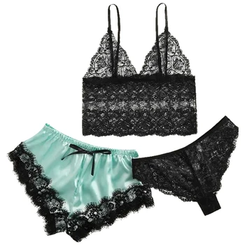 

Three-Piece Stretch Satin Sexy Temptation Shorts Lace Transparent Pajamas Blue S Size