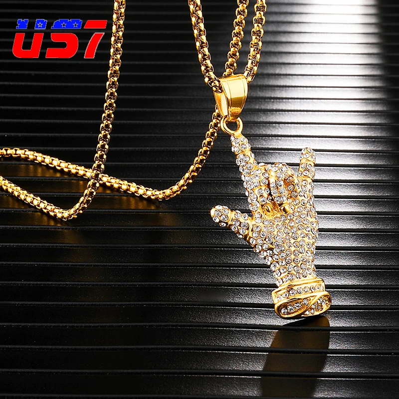 US7 Iced Out победный знак ожерелья для мужчин из нержавеющей стали wo любви ювелирные