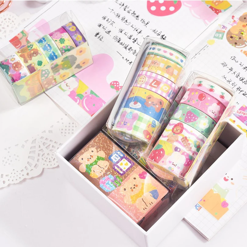 Kawaii 와시 테이프 세트, 스크랩북 워시테이프, 한국 문구류 저널 용품, 장 접착 마스킹 테이프, 5 롤