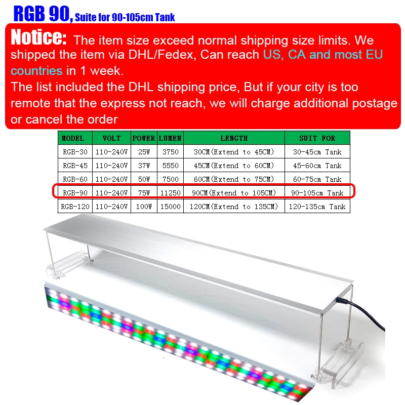 Chihiros RGB аквариум светодиодный светильник ing светильник с белым синим красным регулируемым цветом крышки приспособление для рыб и растений - Цвет: RGB90