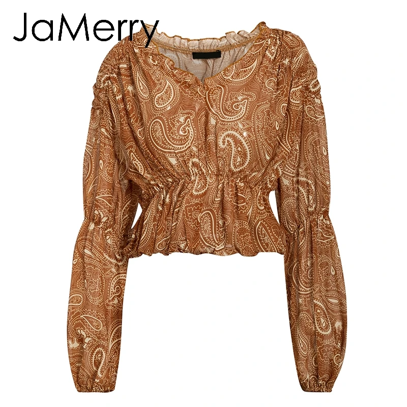 Хаки JaMerry/винтажная женская блузка с оборками, рубашка, эластичная высокая талия шифон, Женский Топ, рубашка с буфами на рукавах, принт, Женский Топ, блузка, рубашка - Цвет: Хаки
