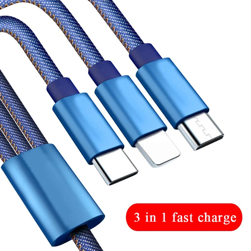 GEMT 1,2 m применимый iOS Android type-c 3 в 1 джинсовый usb кабель для передачи данных один drag три usb кабель для быстрой зарядки мобильного телефона