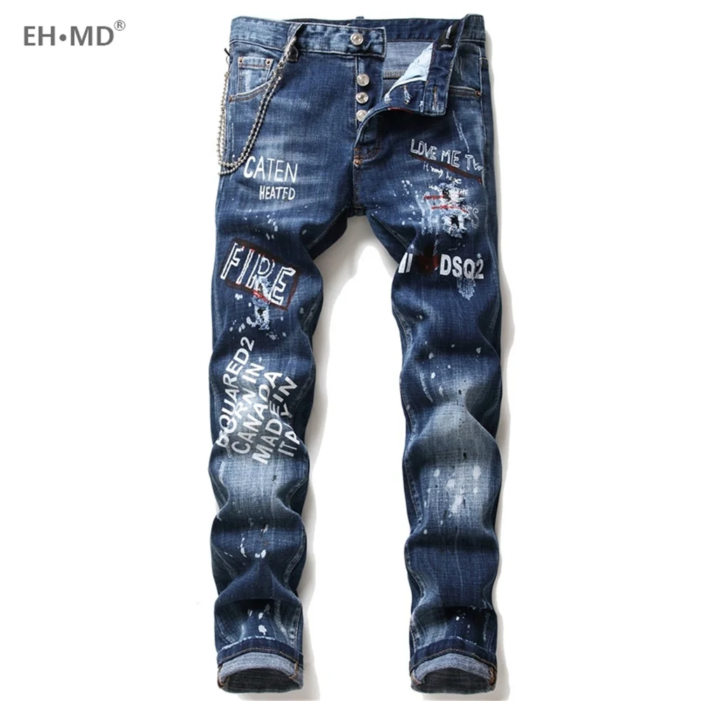 EH · MD® Pearl Pendant Decorated Jeans Men's Embroidered Broken Pants Ink Pants Painted Letters Slim Cotton Red Ears Soft 2020 EH · MD® Pearl Pendant Decorated Jeans Men's Embroidered Broken Pants Ink Pants Painted Letters Slim Cotton Red Ears Soft 2020