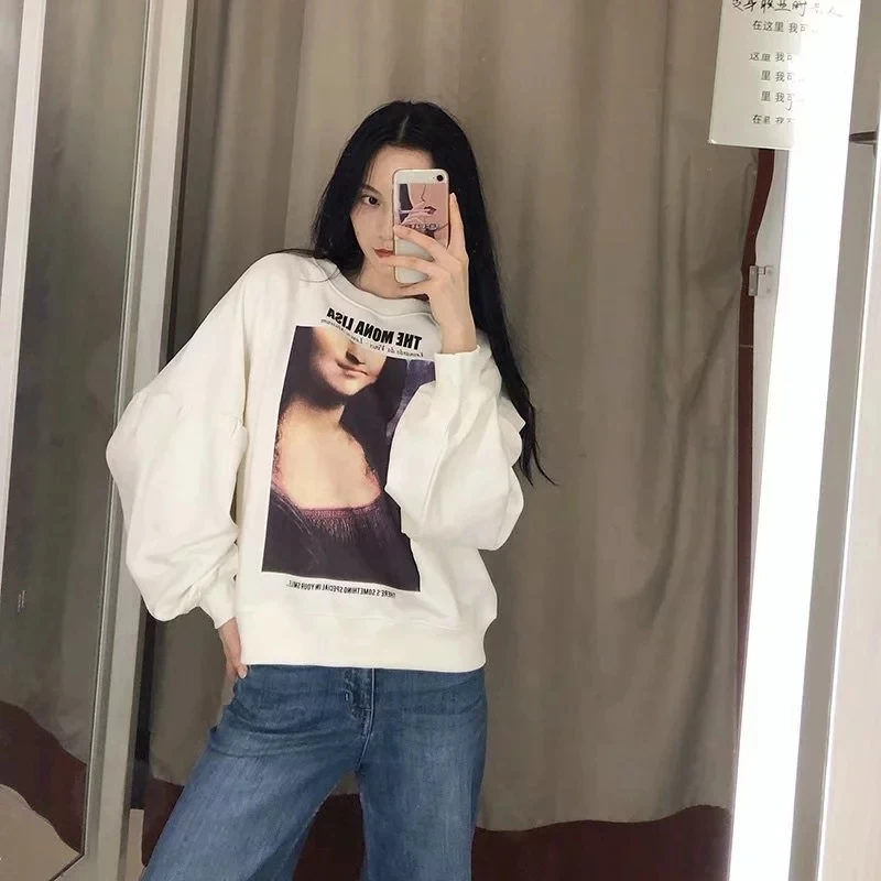 Mona Lisa Толстовка с принтом женская одежда Теплый Белый Топ пальто Мода Осень Зима Джемпер Пуловер уличный сверхразмерный