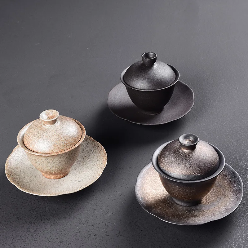 Cover Teacup Ceramic Large Handmade Tea Bowl Stoneware Gilding Glaze Gaiwan Tea Utensils Making Device Bowl Chinese Gaiwan