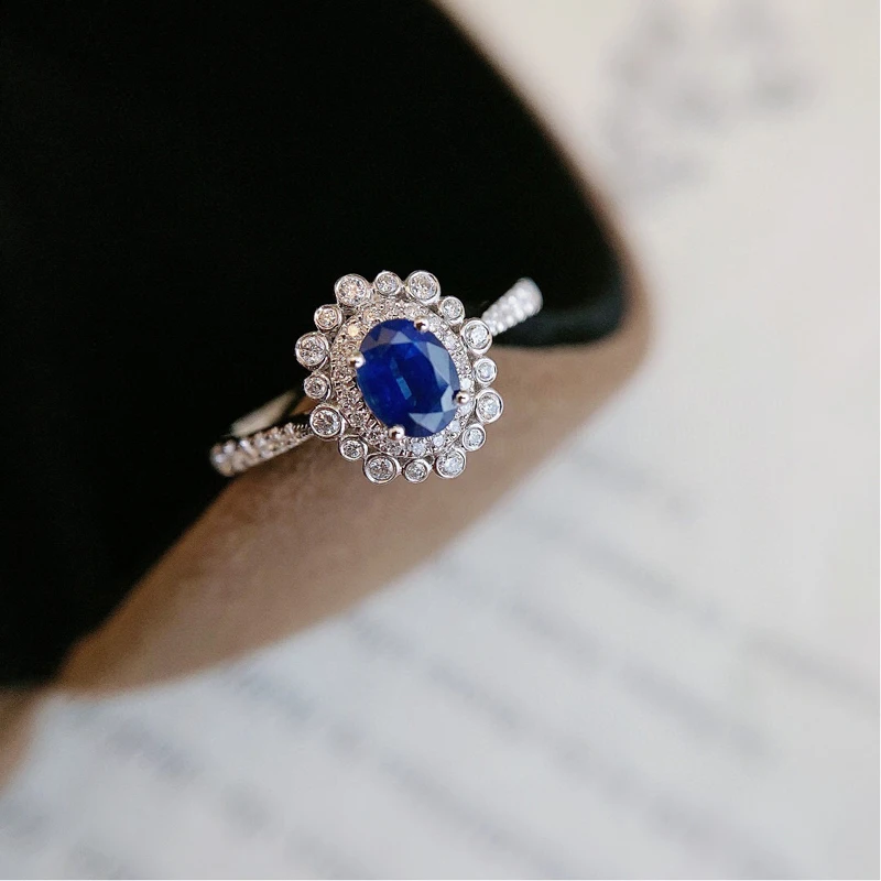 Aazuo 18K White Solid Gold Natural Blue Sapphire 0.40ct Real Diamonds 0.20ct H Classic Oval Ring for Women Senior Banquet Party