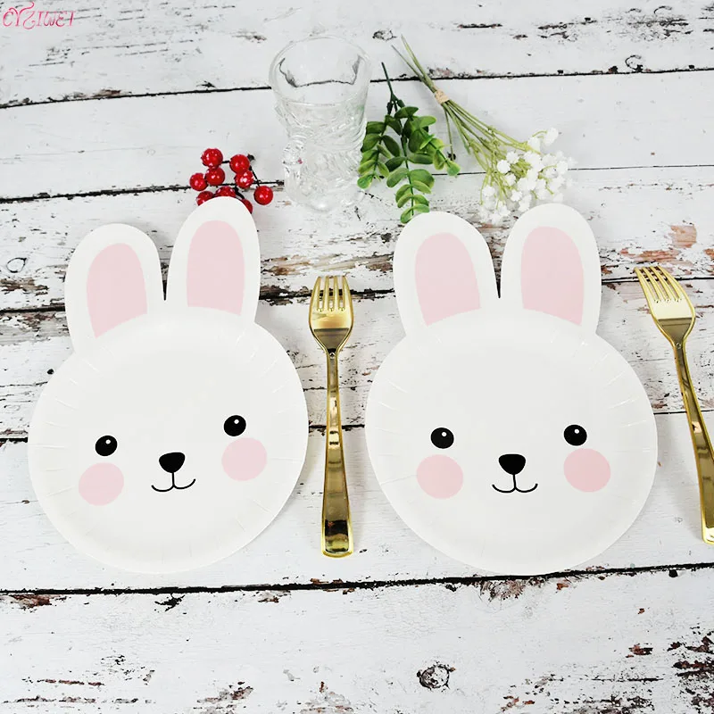 8pcs Disposable Easter Pink Bunny Tableware Sets Plates Rabbit Theme Tableware Easter Children