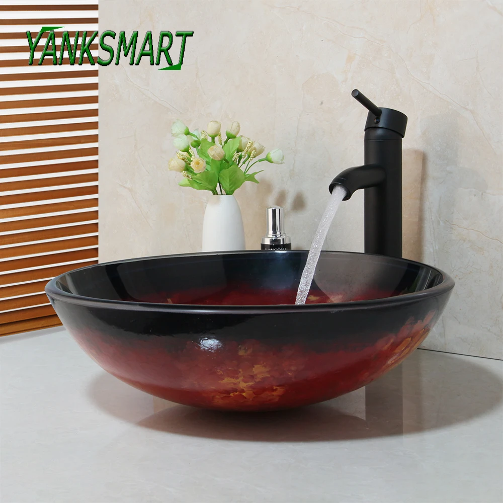 YANKSMART Tempered Glass Round Washbasin Bath Basin Sink Faucet Combo Set Deck Mounted Mixer Tap With Pop-up Drain Bathroom Kit |