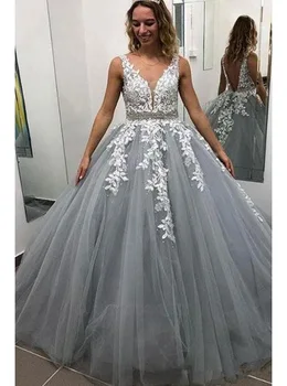 

V Neck Wedding Dresses 2020 Light Champagne Floor Length Applique Open Back A Line Backless Bridal Gowns