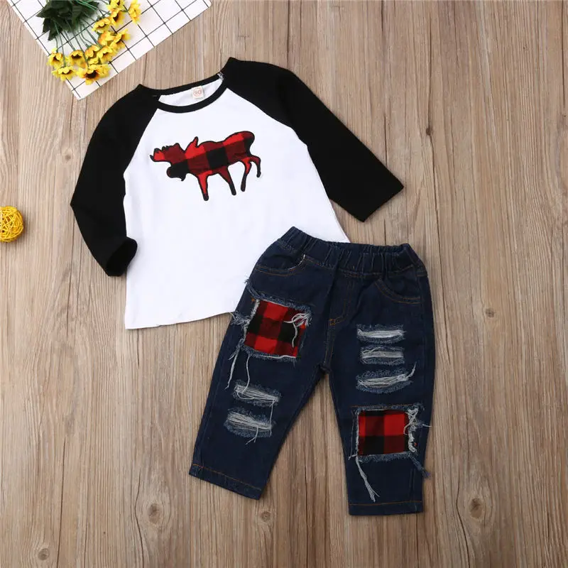Комплект одежды для маленьких мальчиков, детский Рождественский костюм топ с длинными рукавами и рисунком оленя+ рваные джинсовые штаны, джинсы одежда для детей, 2 предмета