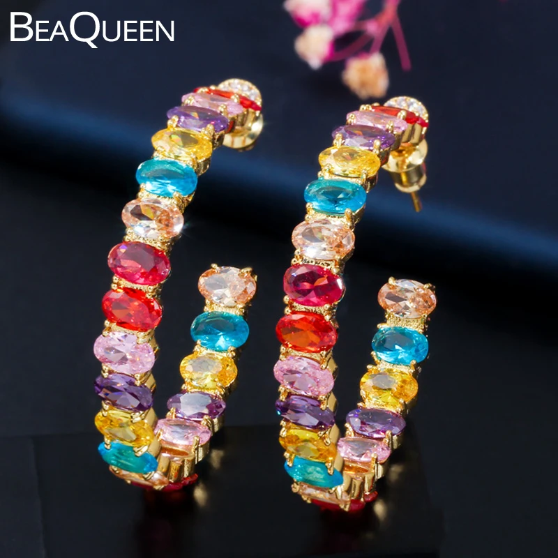 BeaQueen Великолепная желтая золотая, Радужная, цвет ful овал, куб, Цирконий Кристалл Большой Круг Круглый обруч серьги для женщин E347