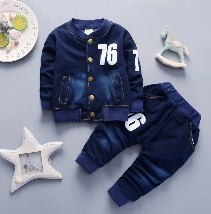 Navy Blue Комплект зимней одежды для мальчиков; осень г.; джинсовые комплекты из 2 предметов; теплая куртка и штаны для маленьких девочек; комплект спортивной одежды - Цвет: Navy Blue