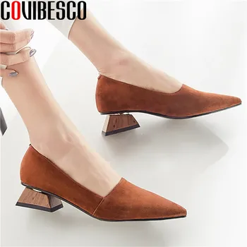 

COVIBESCO Vintage Retro Suede Leather Fashion Shoes Woman Pointed Toe Thick Heels Pumps 2020 Newest Party Prom Shoes Woman Heels