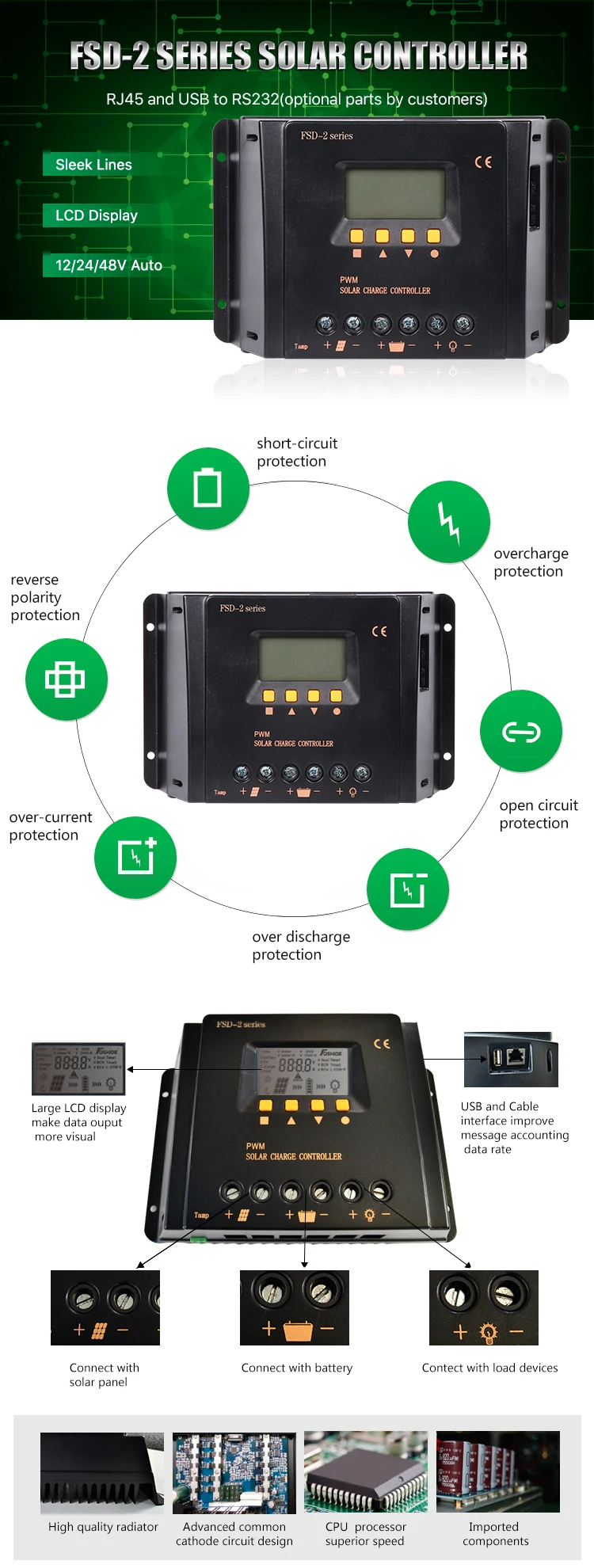 FSD-2 30A/40A/50A/60A Intelligent PWM Solar Panel Charge Controller LCD Display USB Port