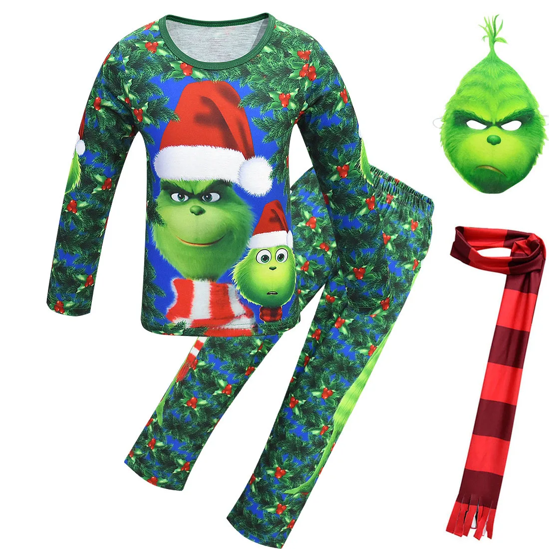 Детский карнавальный костюм Grinch, пижама с маской+ шарфом+ перчатками, домашний комплект для мальчиков, Рождественская одежда, одежда для сна для мальчиков, одежда для сна
