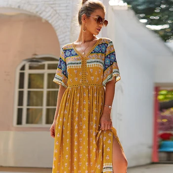 

Jastie Boho Vintage Floral Print Split Sexy Women Dress V Neck Half Sleeve Vestidos Summer Beach Hippie Loose Casual Maxi Dress