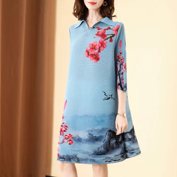 

Plus Size Dress Vintage Printed Spring Summer Women's Miyake Pleated Turndown Collar 3/4 Sleeves Loose Dress For Women 45-75kg