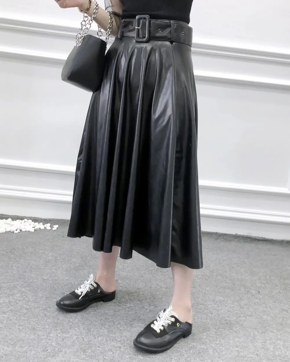 Винтаж с пояс из искусственной кожи юбка сезон длинная юбка в уличном стиле для офиса с высокой талией юбки в складку зимние дамские полусапоги черного цвета юбка faldas
