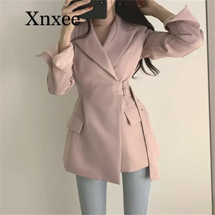 Pink office Autumn Winter Women Jackets Office Ladies Lace Up Formal Outwear Vintage Elegant Solid Pink Black Women Clothes belt
