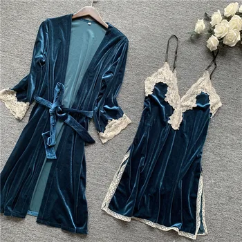 

2019 New Fashion Long Sleeve Velour Robe Gown Set Warm Home Clothes Women Sexy Dress 2 Piece Sleepwear Sets Velvet Kimono Pajama