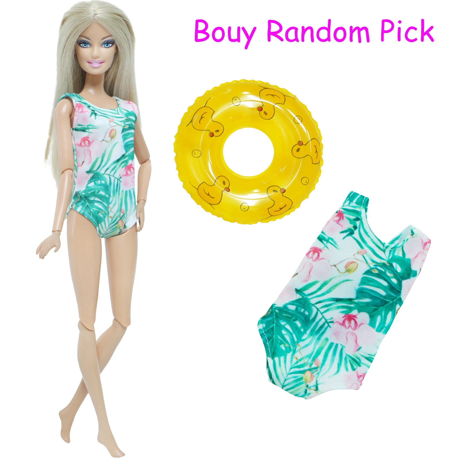 1x Doll Swimwear Beach Bathing Clothes Lovely Bikini Swimsuit + Random 1x  Swimming Buoy Lifebelt Ring for Barbie Doll Baby Toys