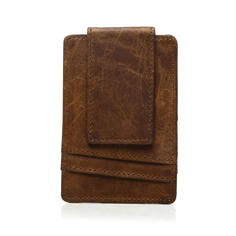 Light brown Тонкий мини-кошелек из натуральной кожи с зажимом для денег, винтажный кошелек с отделением для купюр, тонкий карман для монет - Цвет: Light brown