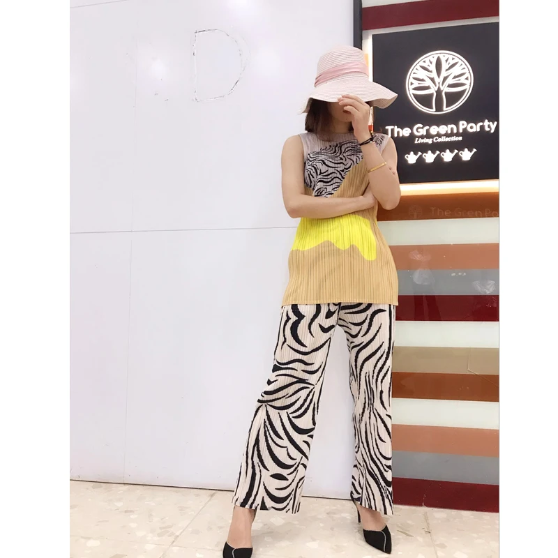 Changpleat 2019 новые женские прямые брюки с рисунком зебры Miyak плиссированные модные женские брюки с эластичной резинкой на талии большого