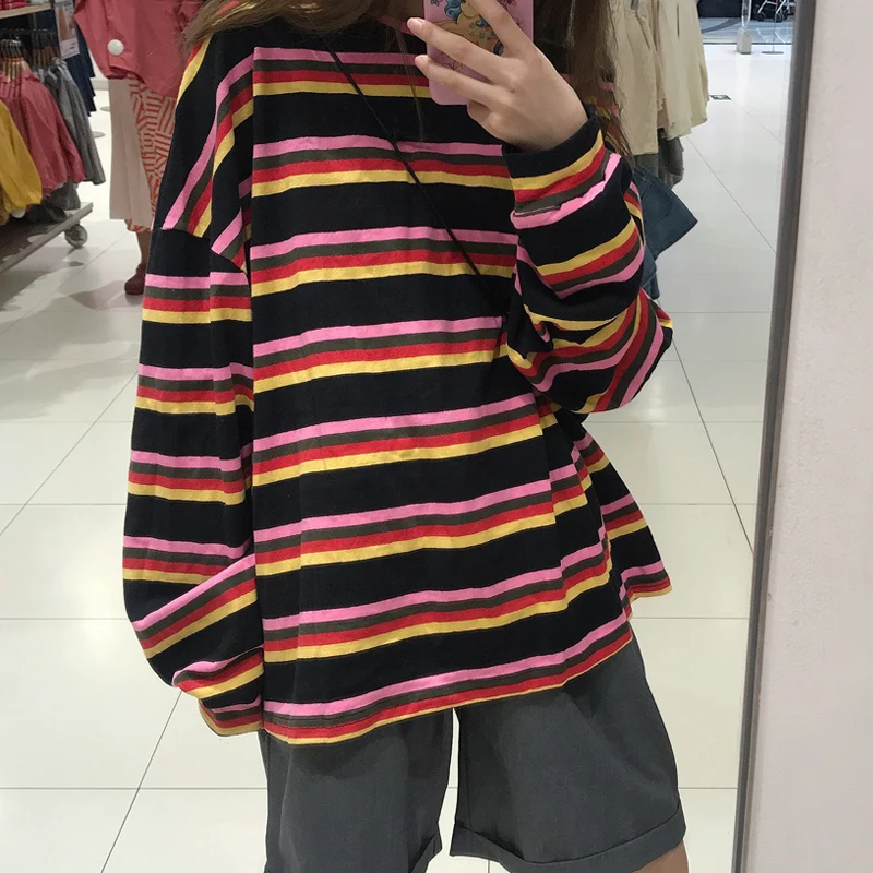 Уличная одежда большого размера, Женская Полосатая футболка с длинными рукавами, Kawaii Harajuku, хип-хоп, радужные Женские топы и рубашки, осень