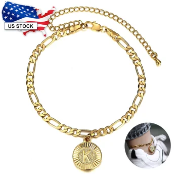 

New Initial Letter Pendant Charm Anklet 5mm Gold Color Figaro Link Chain Stainless Steel Anklet For Women Jewelry Gifts LKA11A