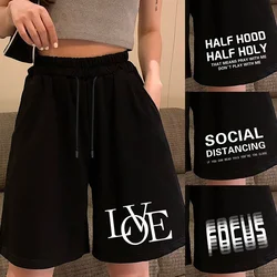 Verão solto shorts moda feminina casual shorts de fitness texto impresso cintura alta shorts elástico cordão 2022 esportes shorts