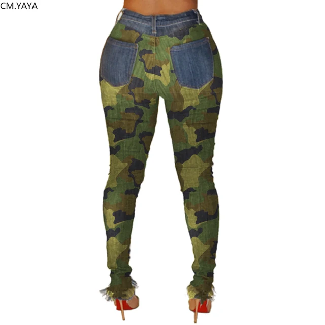 2019 New Autumn Winter Female Denim Pants Women Skinny Hole Spliced Camouflage Print Jeans Sexy pencil Bandage Trousers HSF2096 2