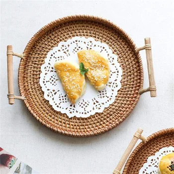 

Rattan Storage Tray Hand-woven Rattan Wicker Basket Bread Fruit Vegetable Breakfast Round With Handle Basket Home Organization