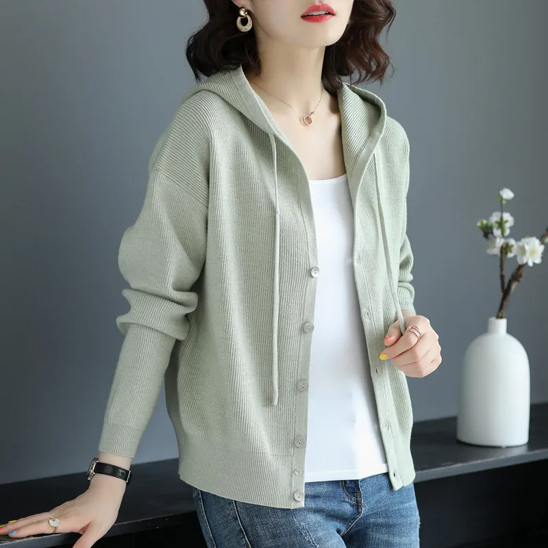 

Button Down Hooded Knitted Cardigan 2020 New Autumn Women Cardigans Korean Style Short Feminino Jacket Casual white Crop Sweater
