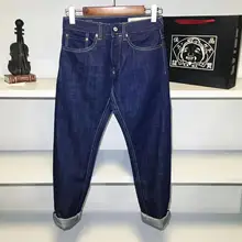 Evisu, новинка, дышащие, высокое качество, модные мужские темно-синие брюки, теплые джинсы, прямые, для отдыха, с принтом, мужские хлопковые брюки, 6190