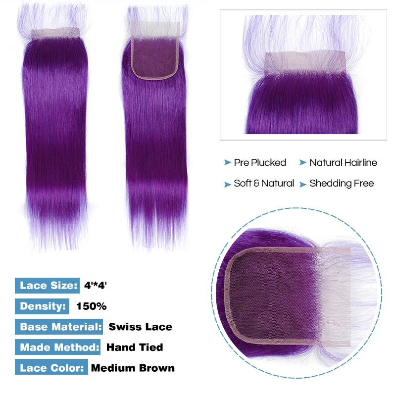 Remyblue фиолетовый предварительно окрашенные бразильские прямые волосы пряди с закрытием натуральные кудрявые пучки волос с закрытием remy